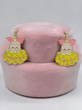 Piglet Stud Dangle Earrings with Pink and Yellow Accents